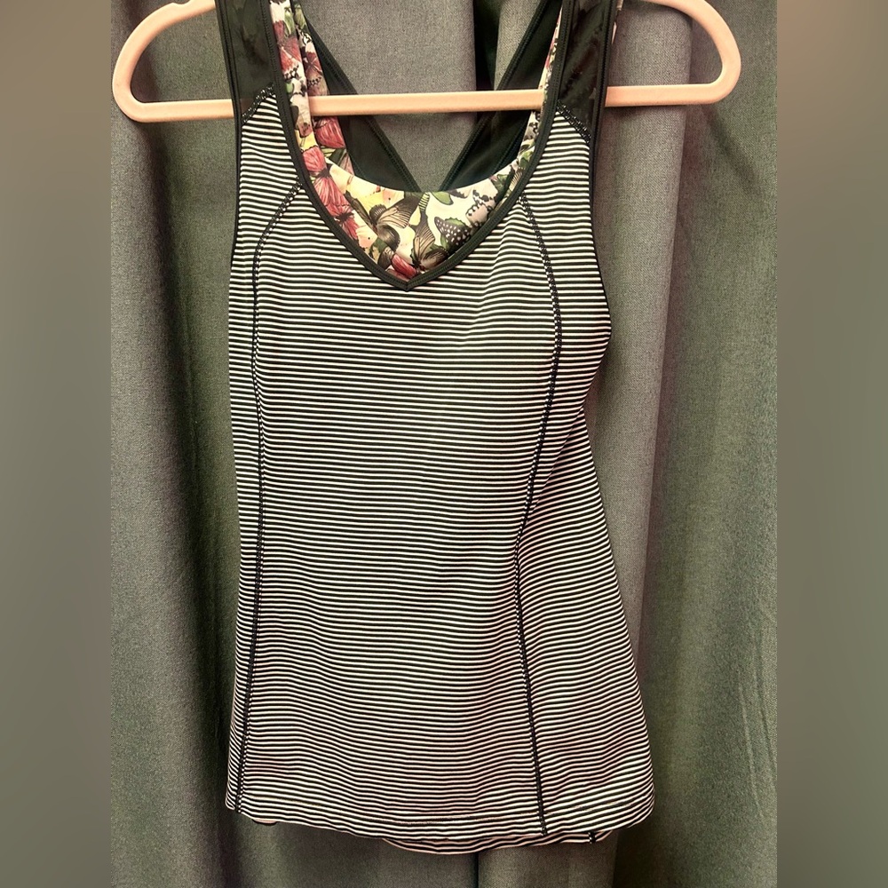 Lululemon Striped navy blue and White Tank Top with Floral Accent